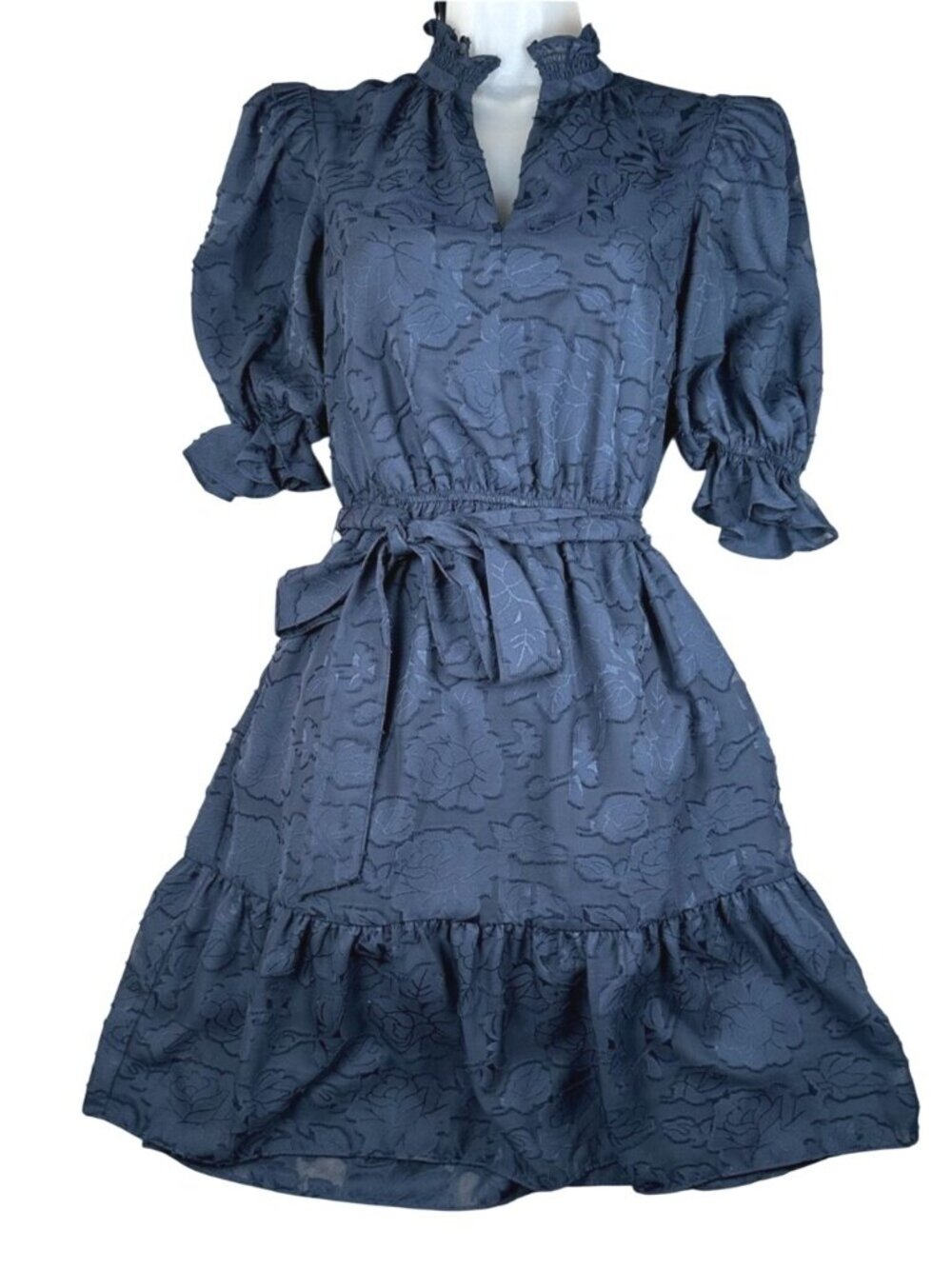 Eliza J Blue Jacquard Dress Women's 8 Puff Sleeve Belted Ruffle Victorian Party